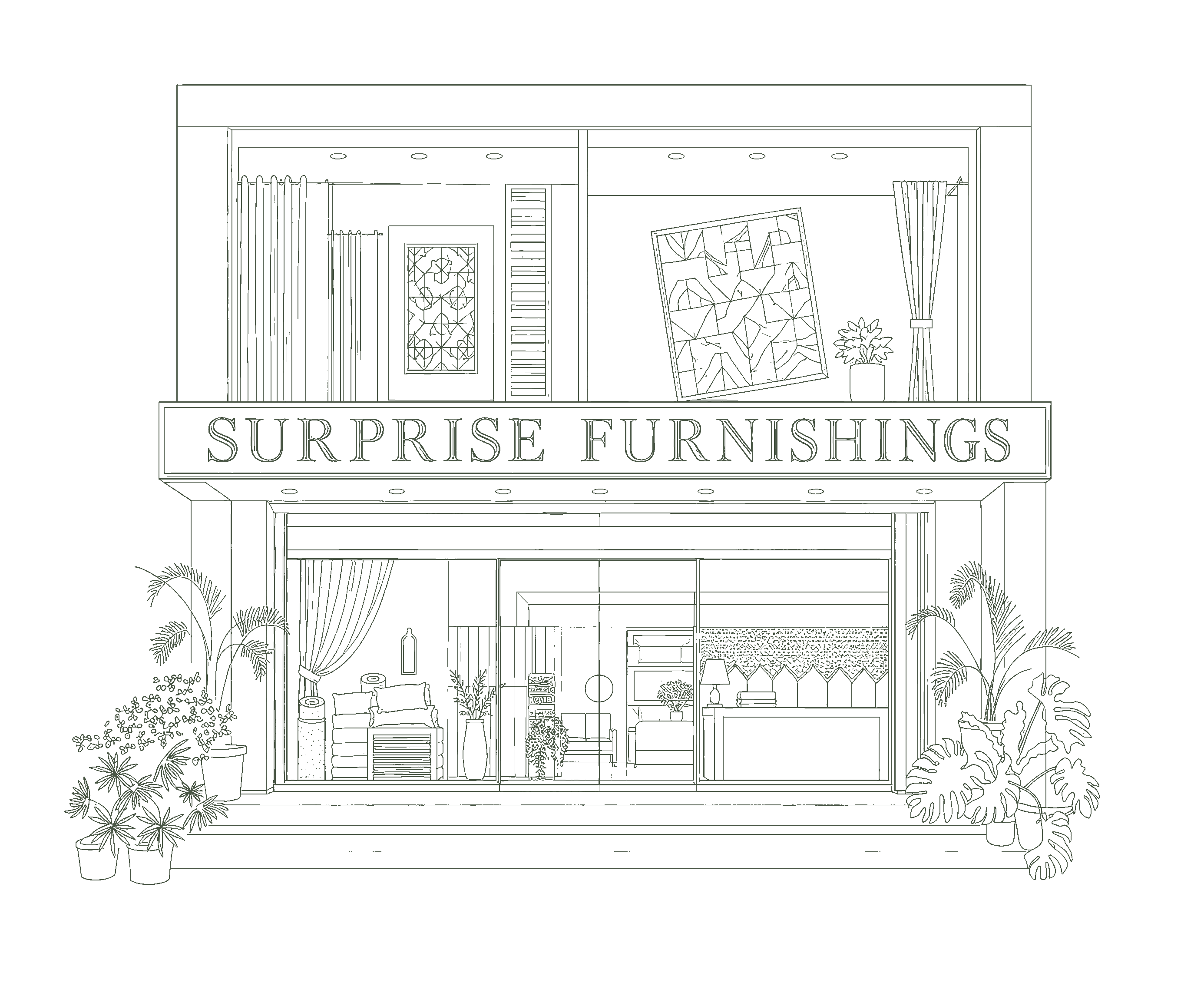 Line illustration of the Surprise Furnishings storefront