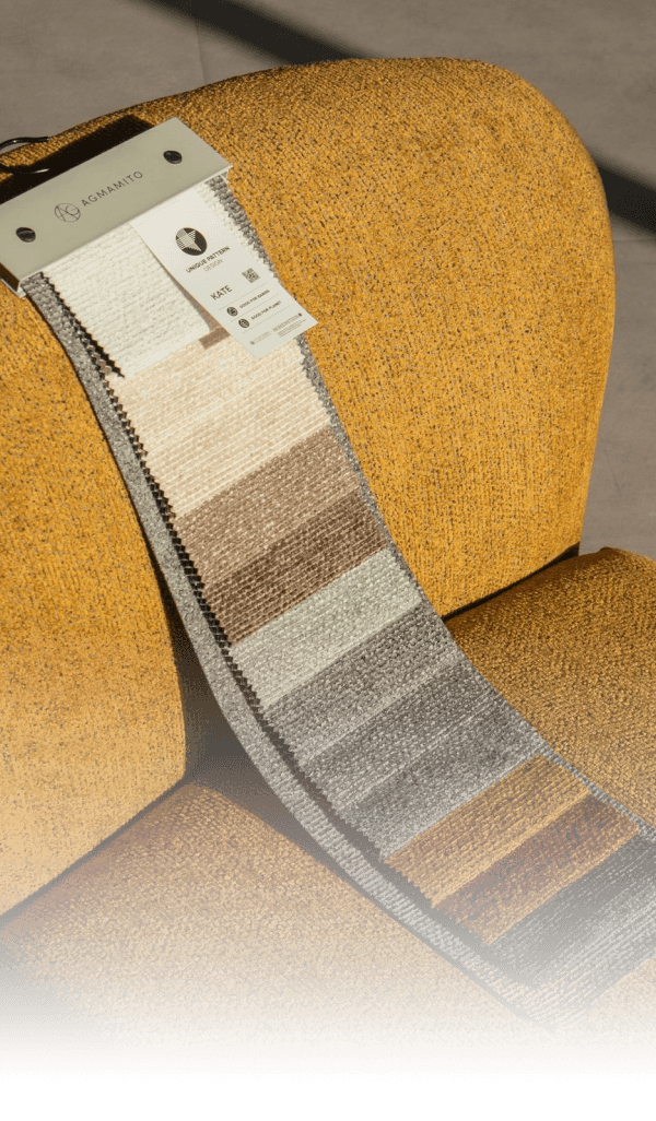 Fabric swatch library on mustard upholstery