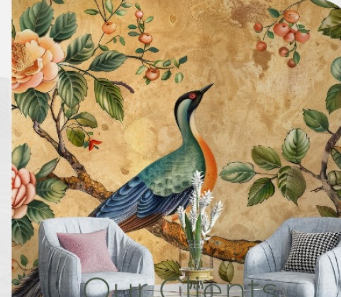 Peacock mural with blue armchairs