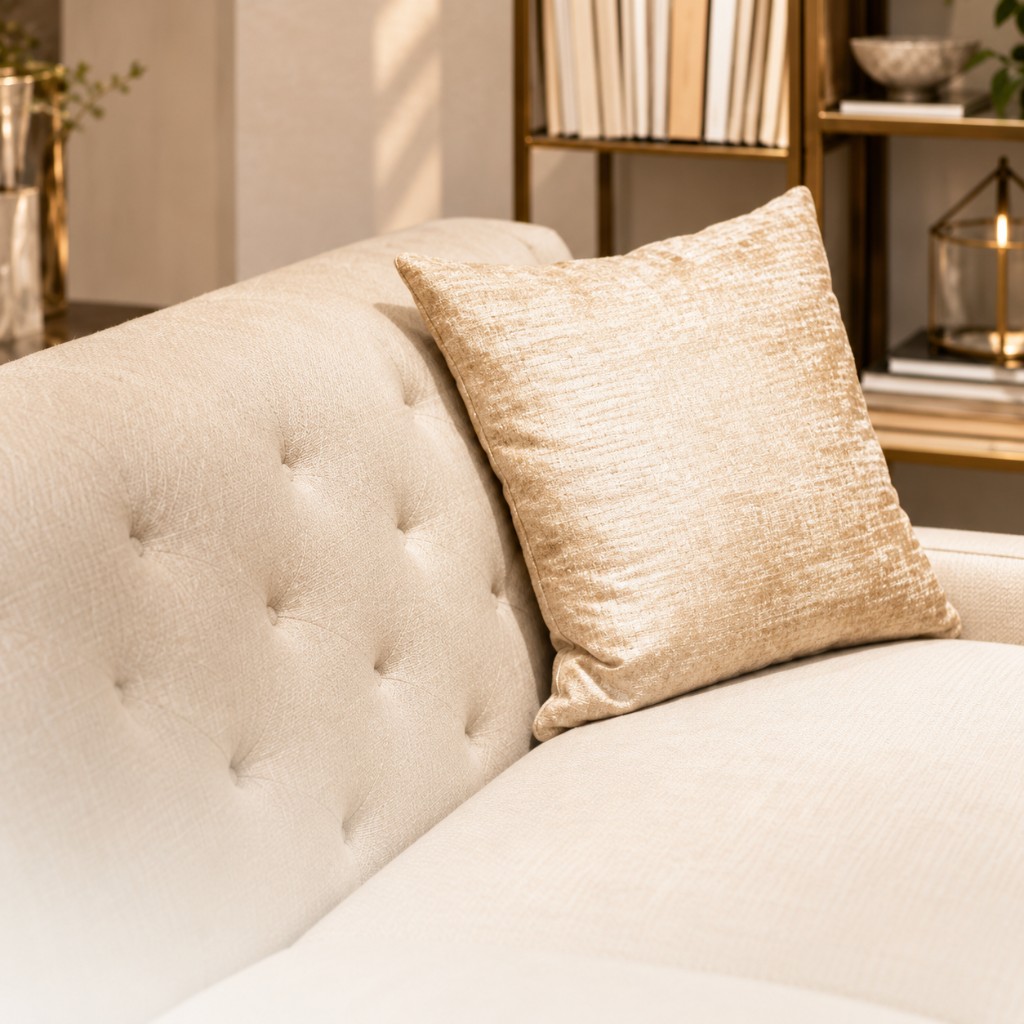 Tufted sofa with gold textured pillow