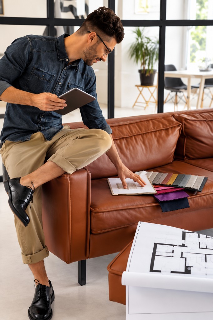 Product pairing on leather sofa with fabric swatches
