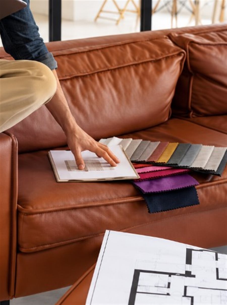 Designer reviewing fabric swatches on leather sofa